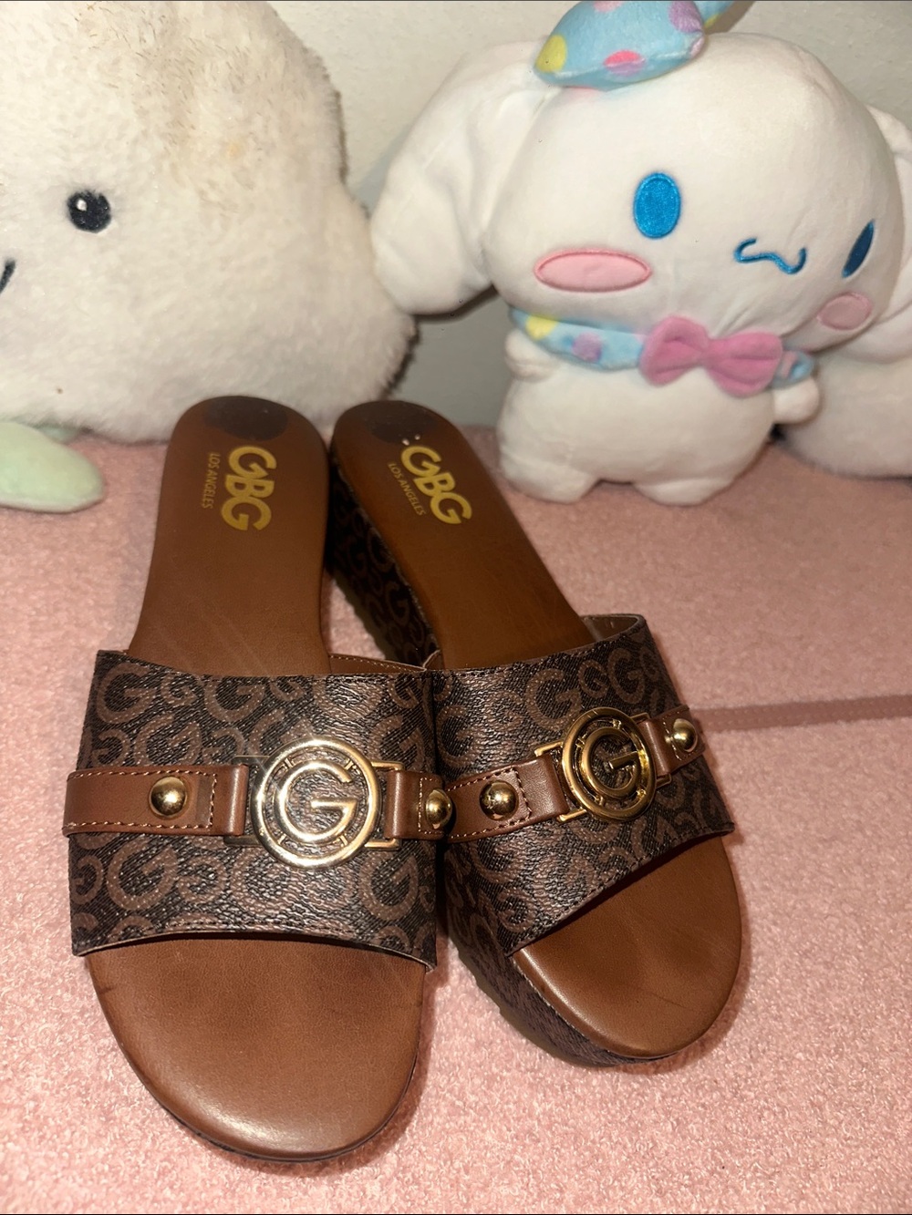 G by Guess Brown Monogram Leather-Trim Slide Sandals with Gold Hardware